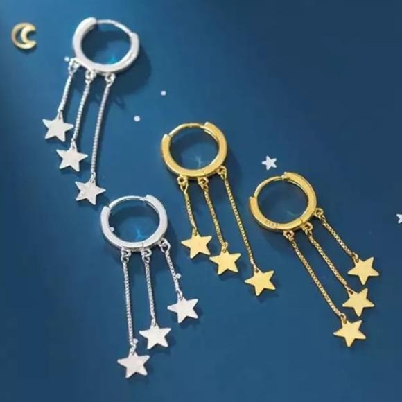 NEW 925 STERLING SILVER STAR TASSEL HOOP EARRINGS, NICE EARRINGS, CUTE EARRINGS - Picture 2 of 5